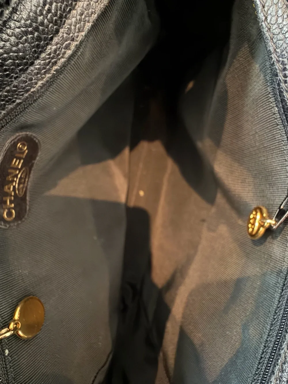 CHANEL Black caviar Leather Shoulder Bag tote with Gold Chain Accents